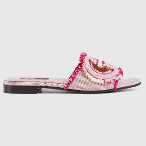 Gucci Unisex GG Interlocking G Slide Sandal Fuchsia Canvas Leather Flat