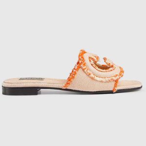 Gucci Unisex GG Interlocking G Slide Sandal Orange Canvas Leather Flat