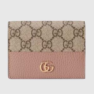 Gucci Unisex GG Marmont Card Case Wallet Double G Beige Ebony GG Supreme Canvas Pink Leather Style