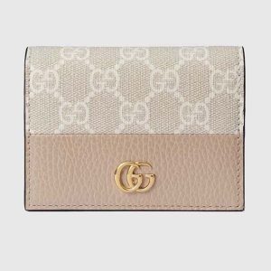 Gucci Unisex GG Marmont Card Case Wallet Double G Beige White GG Supreme Canvas Pink Leather Style