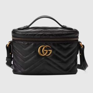 Gucci Unisex GG Marmont Mini Bag Black Chevron Matelassé Leather Double G 672253