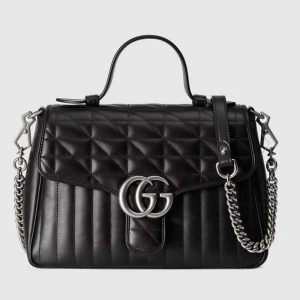 Gucci Unisex GG Marmont Small Top Handle Bag Black Matelassé Leather Double G 498110