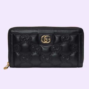 Gucci Unisex GG Marmont Zip Around Wallet Black Matelassé Leather Double G