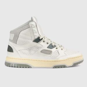 Gucci Unisex High Top Distressed Effect. Sneaker Off White Leather Interlocking G Rubber Flat