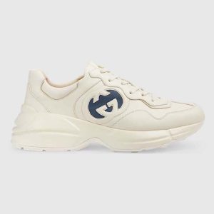 Gucci Unisex Interlocking G Rhyton Sneakers Ivory Leather Navy Cut-Out Rubber Sole 757857