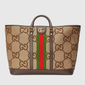 Gucci Unisex Jumbo GG Medium Tote Bag Camel Ebony Canvas Double G 756660