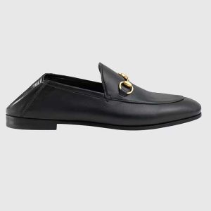 Gucci Unisex Leather Horsebit Loafer Black Slim Shape Sole Flat 1 CM Heel 414998