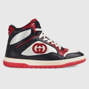 Gucci Unisex Mac80 High Top Sneaker Off Black Red Leather Round Toe Rubber Sole Flat