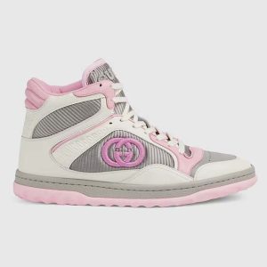 Gucci Unisex Mac80 High Top Sneaker Off White Pink Leather Round Toe Rubber Sole Flat