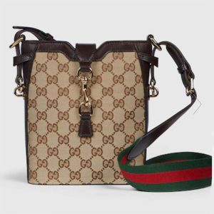 Gucci Unisex Original GG Small Bucket Bag Brown Canvas Leather Hook Closure