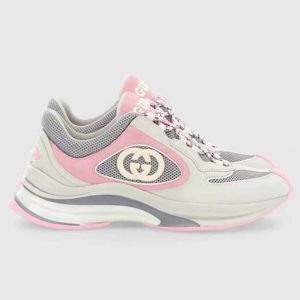 Gucci Unisex Run Sneaker Ivory Pink Suede Interlocking G Bi-Color Rubbe Low Heel