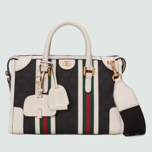 Gucci Unsiex GG Bauletto Small Top Handle Bag Black White Original GG Canvas 715772