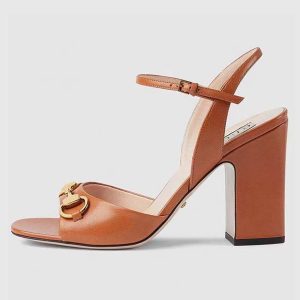 Gucci Women GG Horsebit Mid-Heel Sandal Brown Leather Sole Ankle Buckle Closure