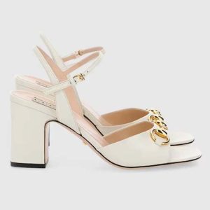Gucci Women GG Horsebit Mid-Heel Sandal White Leather Sole Ankle Buckle Closure