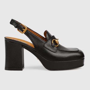 Gucci Women GG Horsebit Mule Black Leather Double Ring Bar Style ‎771566