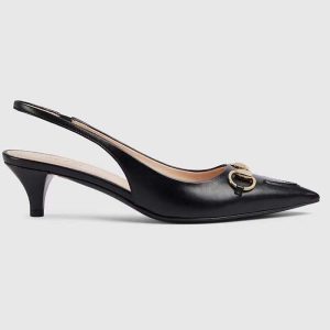 Gucci Women GG Horsebit Slingback Pump Black Leather Low Heel 782407