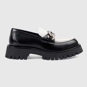 Gucci Women GG Interlocking G Chain Loafer Black White Leather Lug Rubber Sole Flat