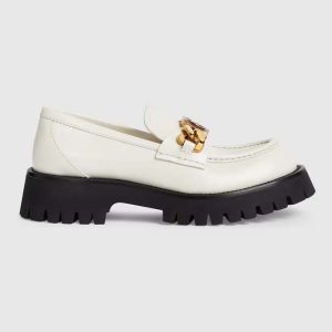 Gucci Women GG Interlocking G Lug Sole Loafer White Leather Rubber Flat 1.5 CM Heel