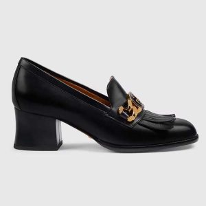 Gucci Women GG Interlocking G Mid-Heel Pump Black Leather Enameled Interlocking G Chain