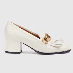 Gucci Women GG Interlocking G Mid-Heel Pump White Leather Enameled Interlocking G Chain