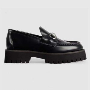 Gucci Women GG Loafer Horsebit Black Leather Rubber Lug Sole Flat 764211