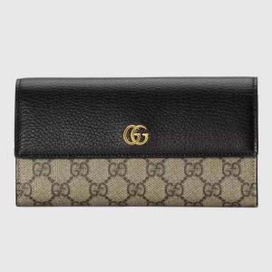 Gucci Women GG Marmont Leather Continental Wallet Beige Ebony GG Supreme Canvas