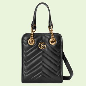 Gucci Women GG Marmont Matelassé Mini Bag Chevron Leather Double G Black 696123