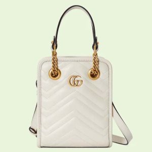 Gucci Women GG Marmont Matelassé Mini Bag White Chevron Leather Double G 696123