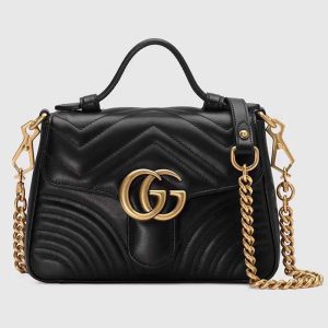 Gucci Women GG Marmont Mini Top Handle Bag Black Matelassé Chevron Leather Heart Double G 547260