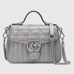 Gucci Women GG Marmont Mini Top Handle Bag Grey Matelassé Leather Double G 583571