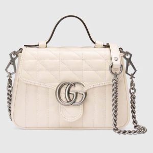 Gucci Women GG Marmont Mini Top Handle Bag White Matelassé Leather Double G 583571