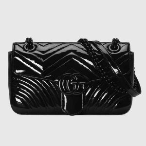 Gucci Women GG Marmont Patent Small Shoulder Bag Black Matelassé Chevron Leather 443497