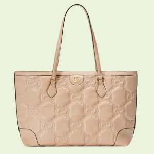 Gucci Women GG Matelassé Leather Medium Tote Beige Matelassé Chevron Double G 631685