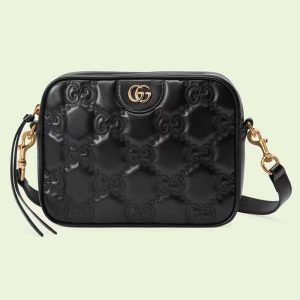 Gucci Women GG Matelassé Leather Small Bag Black Double G Zip Closure 702234
