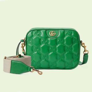 Gucci Women GG Matelassé Leather Small Bag Bright Green Double G Zip Closure 702234