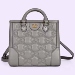 Gucci Women GG Matelassé Mini Top Handle Bag Dusty Grey Leather Double G 728309