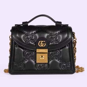 Gucci Women GG Matelassé Small Top Handle Bag Black Leather Double G 724499
