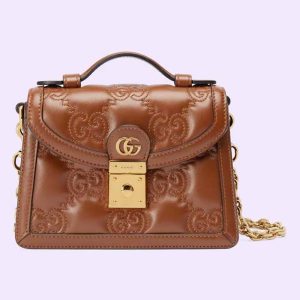 Gucci Women GG Matelassé Small Top Handle Bag Brown Leather Double G 724499