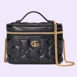 Gucci Women GG Matelassé Top Handle Mini Bag Black Leather Double G 723770