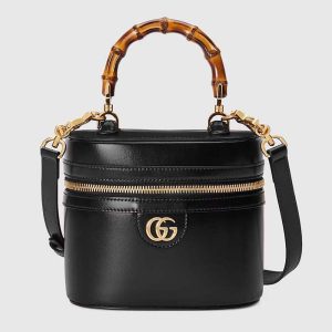 Gucci Women GG Mini Bamboo Shoulder Bag Black Leather Bamboo Handle Double G 760200