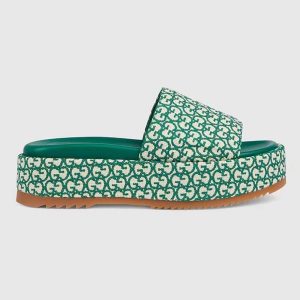 Gucci Women GG Platform Slide Sandal Ivory Green Canvas Jacquard 623212