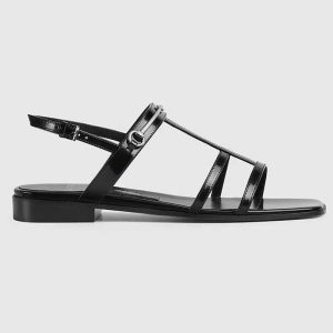 Gucci Women GG Slim Horsebit Flat Sandal Black Leather Ankle Buckle 776648