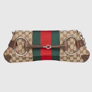 Gucci Women Horsebit Chain Medium Shoulder Bag Beige Ebony Original GG Canvas 764255