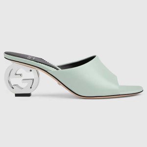 Gucci Women Interlocking G Heel Sandal Light Green Leather Mid 7.6 CM Heel 772569