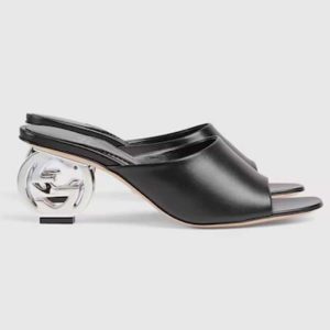Gucci Women Interlocking G Heel Slide Black Leather Mid 7.6 CM Heel 782849