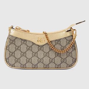 Gucci Women Ophidia Mini Bag Beige Ebony GG Supreme Canvas Metallic Gold Leather Double G 764960