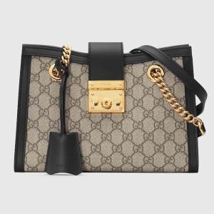 Gucci Women Padlock Small GG Shoulder Bag Beige Ebony GG Supreme Canvas Black Leather 498156