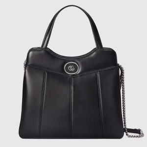 Gucci Women Petite GG Medium Tote Bag Black Leather Double G Zip Closure 745911