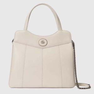 Gucci Women Petite GG Medium Tote Bag White Leather Double G Zip Closure 745911