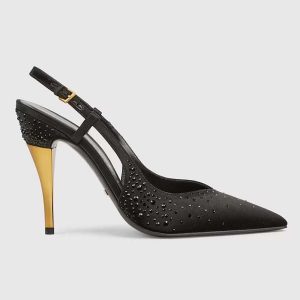 Gucci Women Slingback Pump Crystals Black Silk Satin Pointed Toe Metallic High Heel 762377